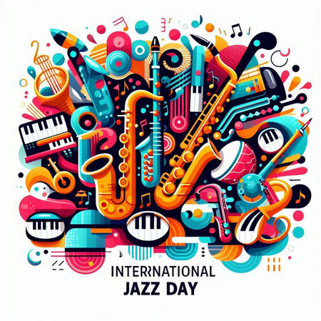 International Jazz Day banner with musical instruments and notes. Vector illustration.のイラスト素材