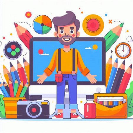 Vector illustration of online education concept. Cartoon man with laptop, camera, books, pencils and stationery.のイラスト素材