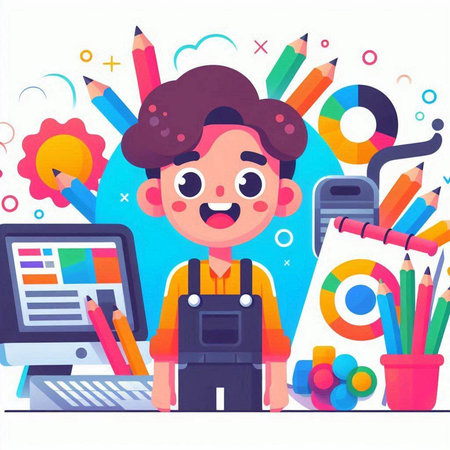 Back to school concept. Cute boy with pencils. Vector illustrationのイラスト素材