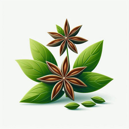 Illustration of star anise with green leaves on a white backgroundのイラスト素材