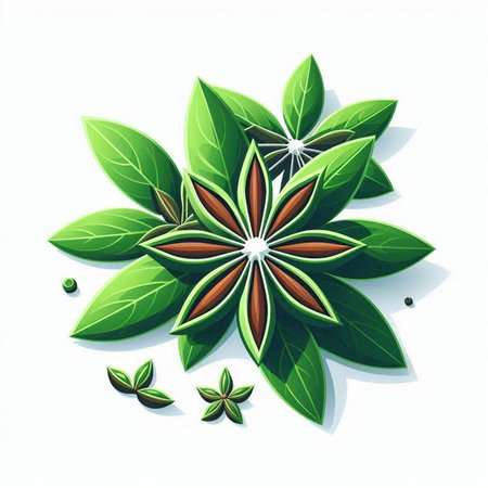Illustration of star anise with green leaves on a white backgroundのイラスト素材