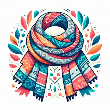 Hand drawn vector illustration of winter scarf. Colorful ornamental background.のイラスト素材
