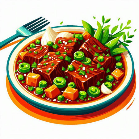 Illustration of a dish of beef with vegetables on a white backgroundのイラスト素材