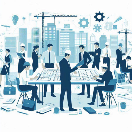 Vector illustration of business people working together in office. Teamwork conceptのイラスト素材