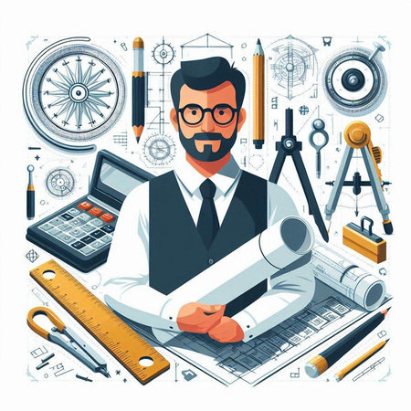 Engineer with blueprint and tools. Vector illustration in cartoon style.のイラスト素材