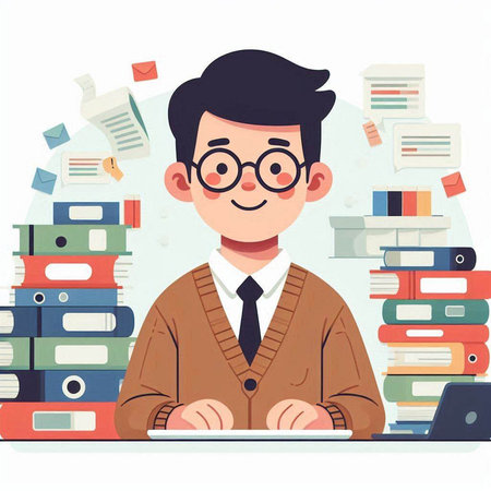 Businessman sitting at the desk in office and working. Vector illustration.のイラスト素材