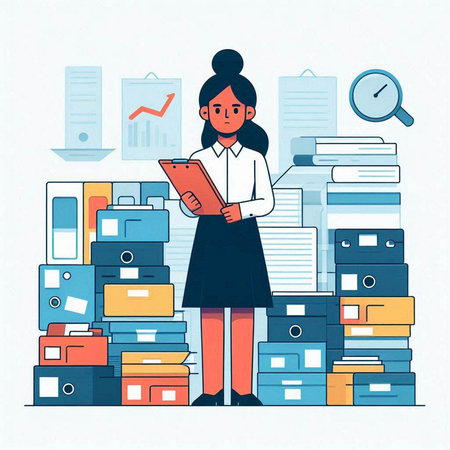 Business woman standing in front of a pile of office supplies. Vector illustration.のイラスト素材