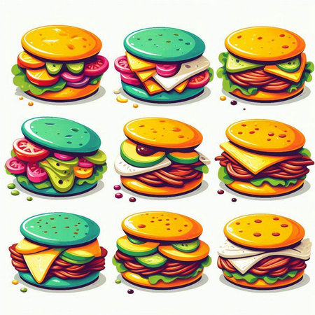 Illustration of a set of hamburgers on a white backgroundのイラスト素材