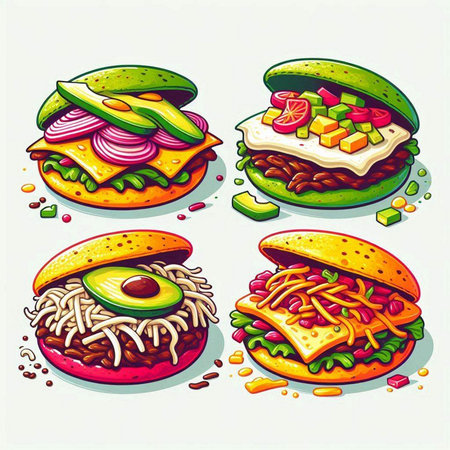 Illustration of a set of four hamburgers with different fillingsのイラスト素材