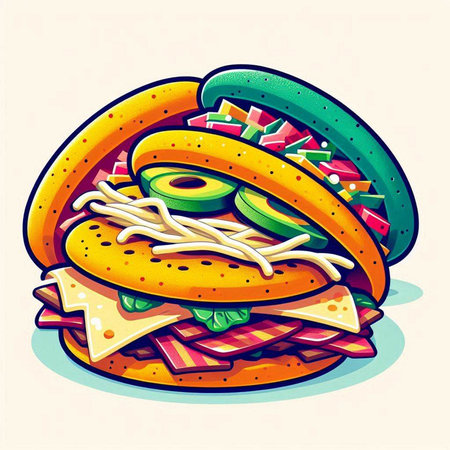 Fast food vector illustration of hamburger with mustard, onion, lettuce, tomato, cheese, onion and mayonnaiseのイラスト素材