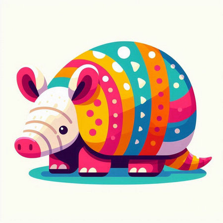 Cartoon vector illustration of cute funny smiling purple and yellow striped rhinocerosのイラスト素材