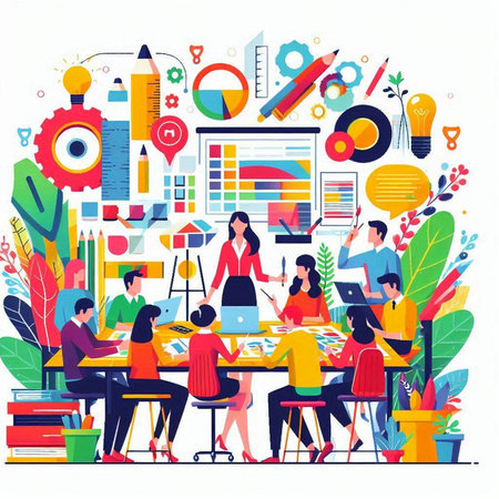 Teamwork concept with people working together in office. Vector flat illustrationのイラスト素材