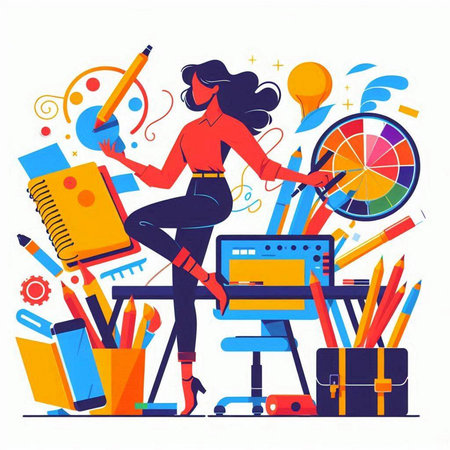 Young woman sitting on office chair with stationery. Vector illustration.のイラスト素材