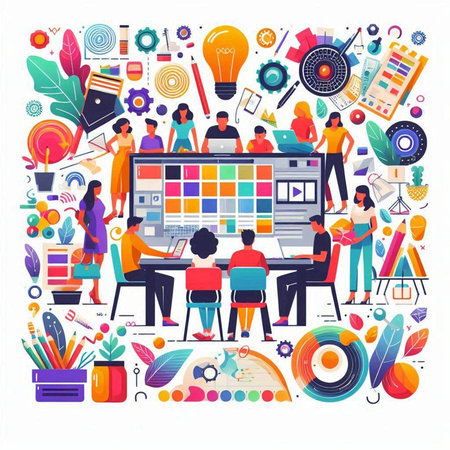 Creative team working in office. Teamwork, brainstorming concept. Vector illustration in flat styleのイラスト素材