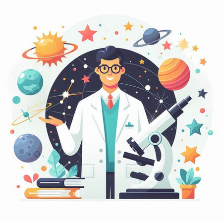 Scientist with microscope. Vector illustration in flat cartoon style. Astronomy concept.のイラスト素材