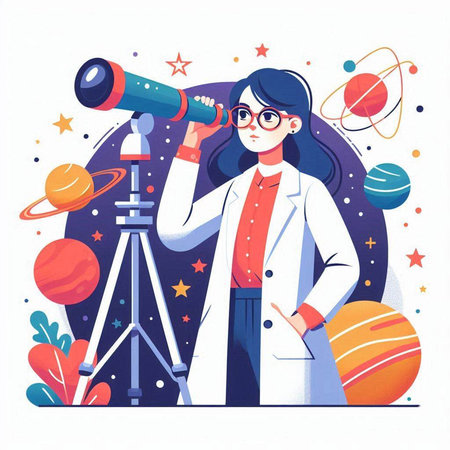 Scientist looking through telescope. Vector illustration in flat cartoon style.