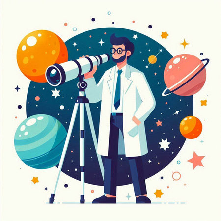 Astronaut with telescope. Vector illustration in flat cartoon style.のイラスト素材