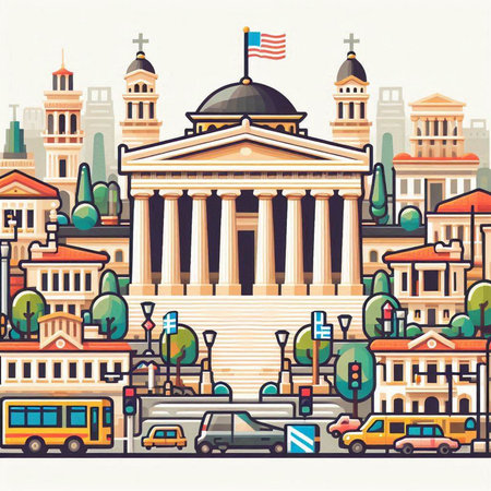 Cityscape with old buildings, roads and cars. Vector illustration.のイラスト素材