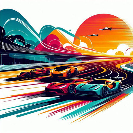 illustration of fast cars on the road in the city at sunsetのイラスト素材