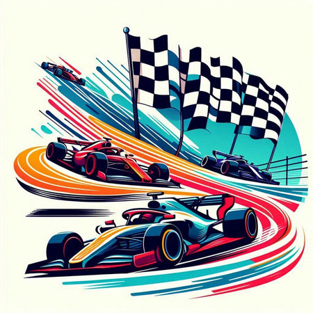 Racing car with checkered flags and racing car. Vector illustration.のイラスト素材