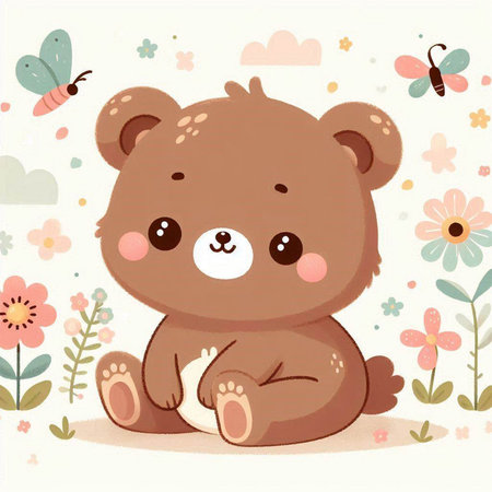 Cute teddy bear sitting on flower background. Vector illustration.のイラスト素材