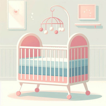 Illustration of a pink baby cot in a children's roomのイラスト素材
