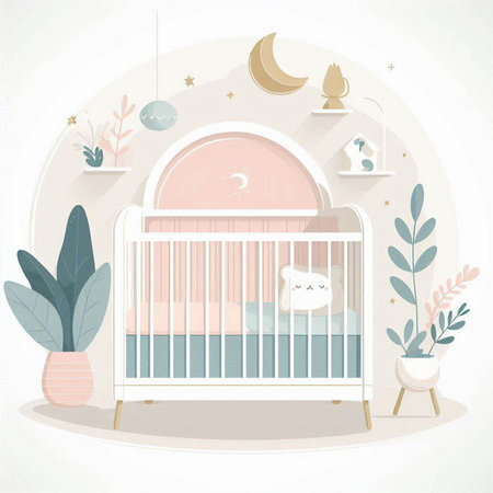 Cute baby room with cot. Vector illustration in flat styleのイラスト素材