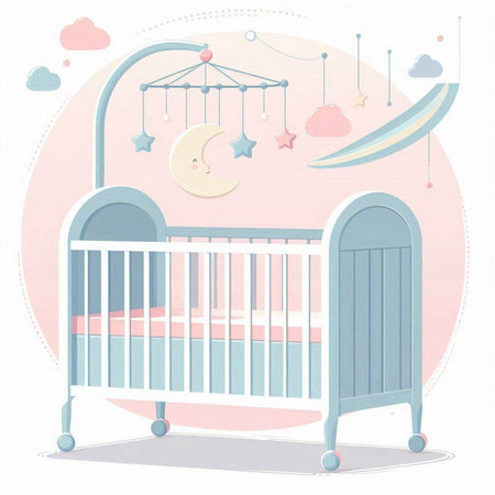 Cute baby bed with crib hanging on the wall. Vector illustration.のイラスト素材