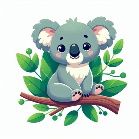 Cute cartoon koala sitting on a tree branch with green leaves.のイラスト素材