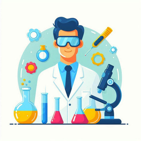 Scientist working in laboratory. Vector illustration in flat cartoon style.のイラスト素材
