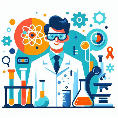 Scientist in laboratory. Vector illustration in flat style. Chemistry, biology, medicine concept.のイラスト素材