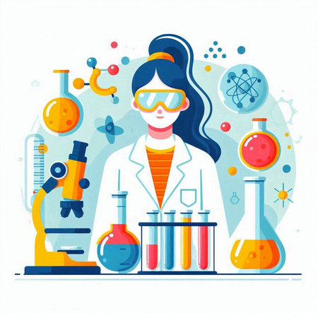 Female scientist working in laboratory. Vector illustration in flat cartoon style.のイラスト素材
