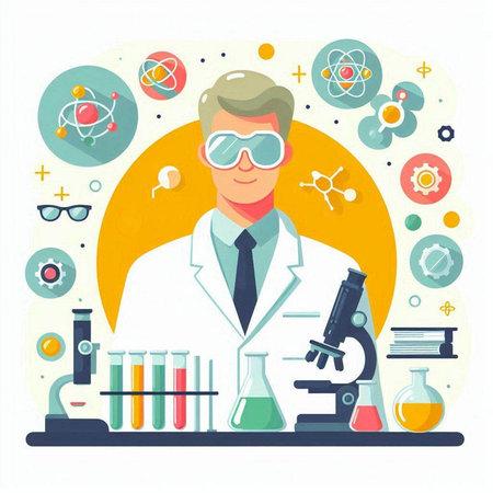 Scientist with a microscope in the laboratory. Flat style vector illustration.のイラスト素材