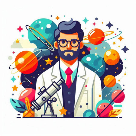 Scientist with a microscope in his hands. Vector illustration in flat style.のイラスト素材