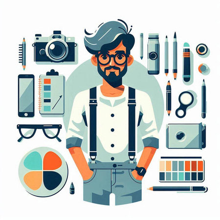 Vector illustration of hipster man with hipster style, flat designのイラスト素材