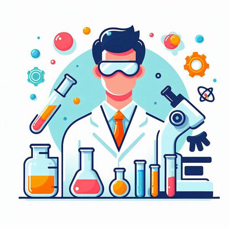 Vector illustration of a scientist working in laboratory. Flat style design.のイラスト素材