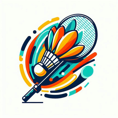 Badminton racket and shuttlecock on colorful background. Vector illustration.のイラスト素材