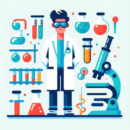 Scientist in laboratory. Flat style vector illustration on white background.のイラスト素材