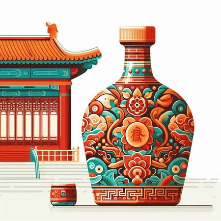 Chinese traditional style ceramic bottle with Chinese hieroglyphs, vector illustrationのイラスト素材