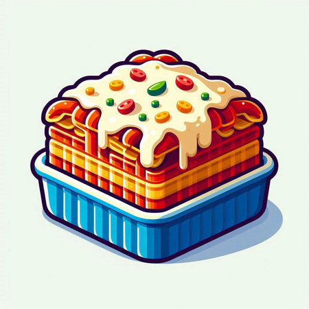 Illustration of a colorful cake in a blue box on a white backgroundのイラスト素材