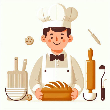 Vector illustration of a cute little boy chef in uniform and hat cooking bread.のイラスト素材