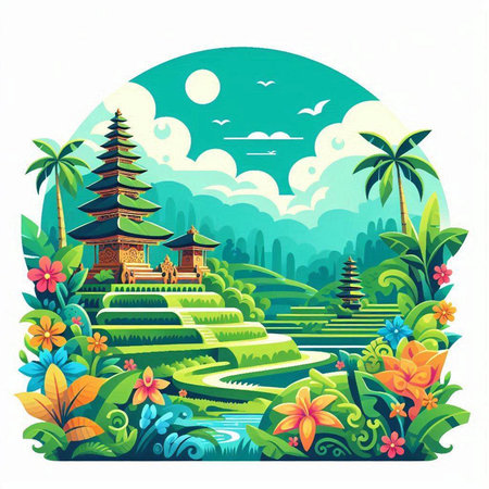 Beautiful vector illustration of a Buddhist temple surrounded by tropical plants.のイラスト素材