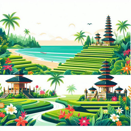 Tropical island with palm trees and exotic flowers. Vector illustrationのイラスト素材