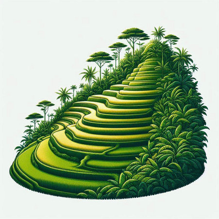 Illustration of a green rice terraces with palm trees in the backgroundのイラスト素材