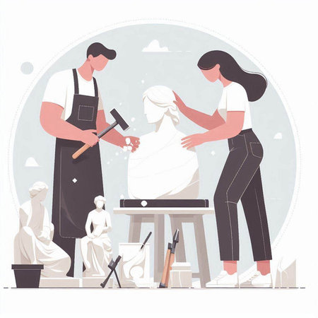 Man and woman working in the art studio. Vector illustration in flat styleのイラスト素材