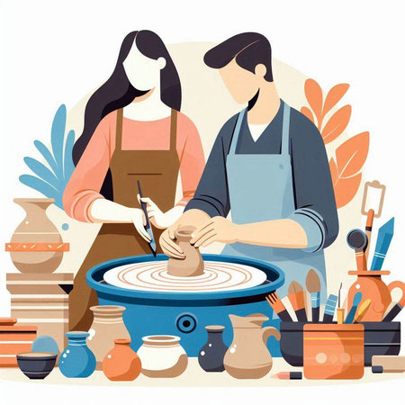 Pottery workshop. Man and woman working on pottery wheel. Vector illustrationのイラスト素材