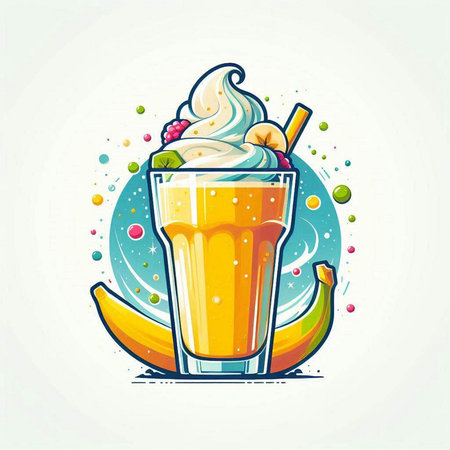 Vector illustration of a smoothie in a glass with whipped cream and fruits.のイラスト素材