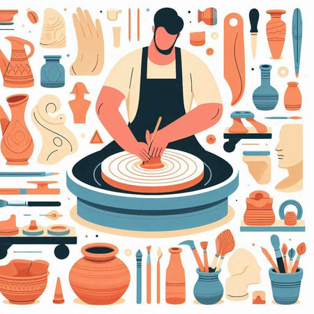Pottery workshop. Handmade tools. Vector illustration in flat styleのイラスト素材