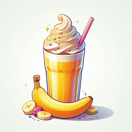 Banana smoothie with whipped cream and fruit, vector illustration.のイラスト素材