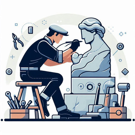 Vector illustration of the master sculpts a statue of David in the workshopのイラスト素材